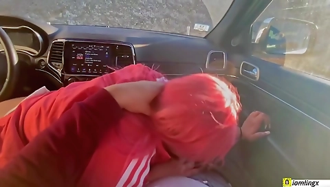 Asian babe in a black car with a black man in a deepthroat