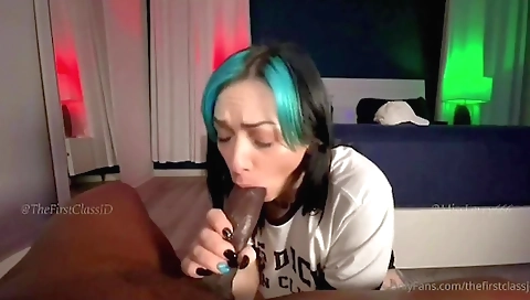 Tattooed redhead getting on the back of her big friend