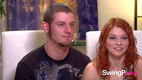 Blonde brunette and brunette girl giving an interracial sex