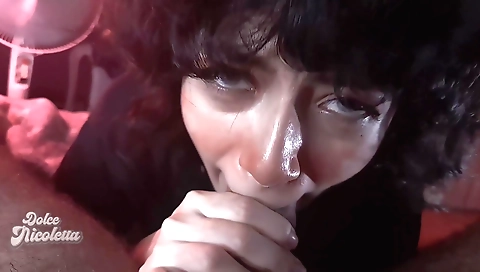 Amateur brunette with a thin body gets her mouth and pussy filled