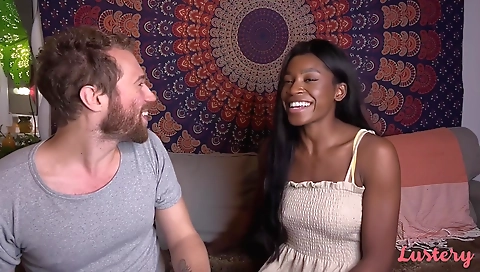 Ebony brunette with a hairy pussy gets cunnilingus