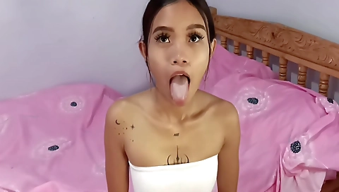 Asian chick gets a handjob and gets a deep throat blowjob
