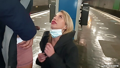 French girl is humped in the deepthroat in a train station