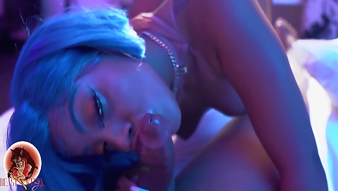 Tattooed black chick deepthroated by a big black cock