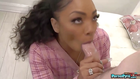 Ebony hottie gets a deepthroated blow in her mouth