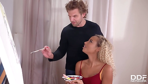 Blonde ebony babe fucks hard in deepthroat with big cock