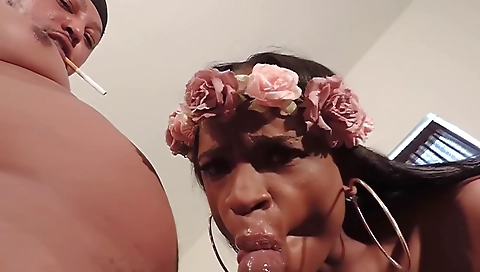 Hot ebony teen gets an ebony cock pounded in her mouth