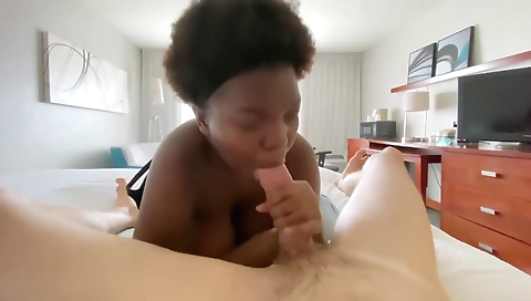 Ebony babe with big boobs gets her mouth and pussy fucked