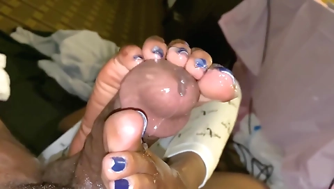 Busty blonde is getting her feet fucked by her boyfriend